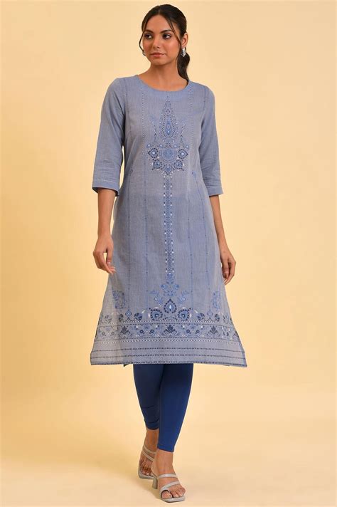 Buy Blue Chambray Printed kurta @ 1899 | W for woman – wforwoman