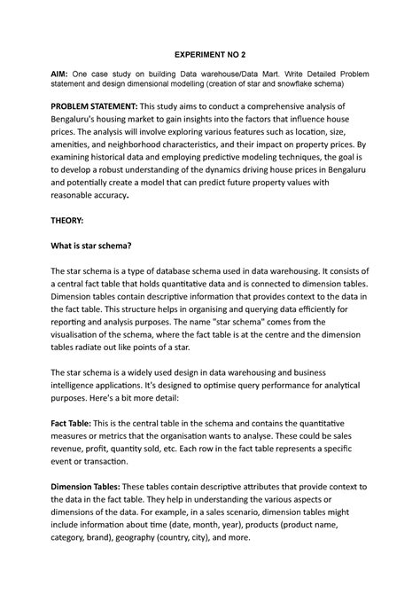 DWM EXP 2 - perform star schema - EXPERIMENT NO 2 AIM: One case study ...