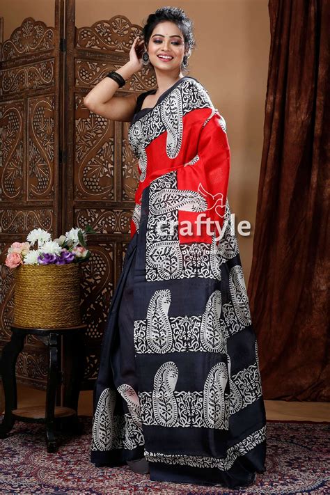 Crimson Red & Black Hand Block Mulberry Pure Silk Saree – Craftyle