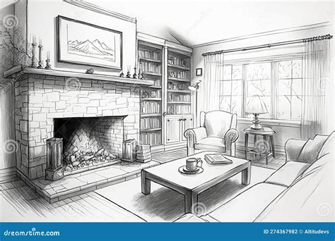 Pencil Sketch of Cozy Living Room, with Fireplace and Bookshelves ...