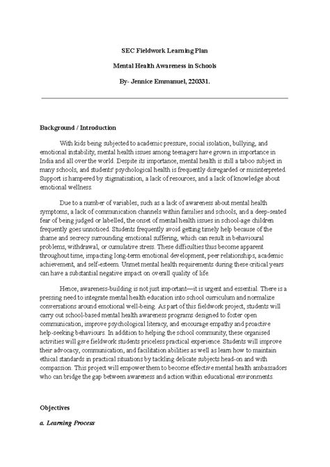SEC Fieldwork Learning Plan: Mental Health Awareness in Schools - Studocu