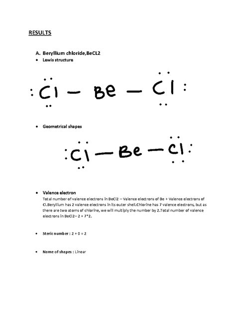 LAB Report CHM PDF - RESULTS A. Beryllium chloride,BeCL • Lewis ...