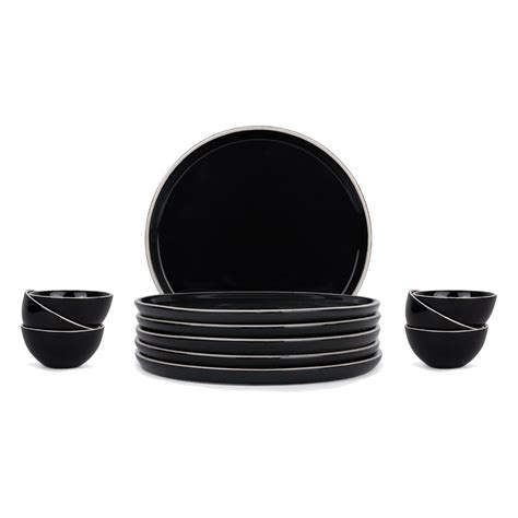 Shay Ceramic Dinner Set, 12 Pieces, Black Rim | Crockery Set For Dining ...
