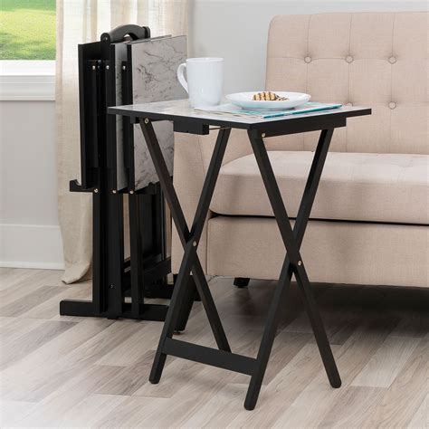 Tayna Black Wooden Folding TV Tray Table Set with Stand