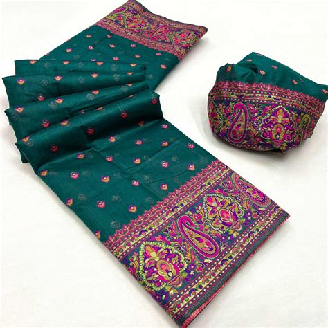 Teal Green Floral Woven Pashmina Saree