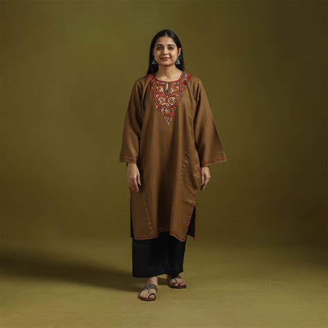 Brown Handwoven Sozni Hand Embroidered Kashmiri Pure Wool Pheran