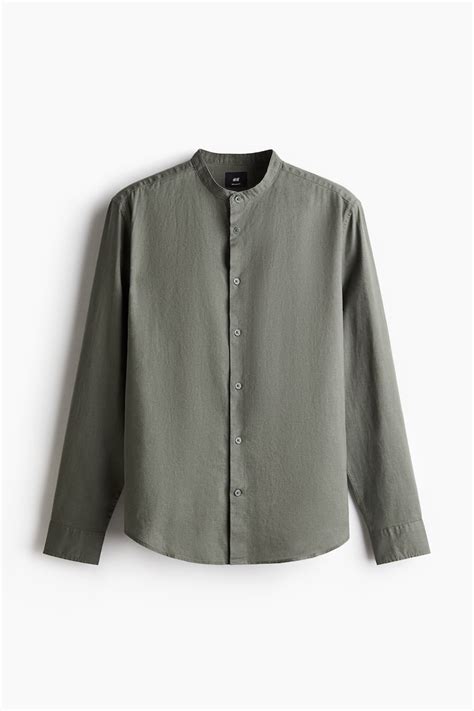 Regular Fit Linen-blend shirt - Khaki green - Men | H&M IN