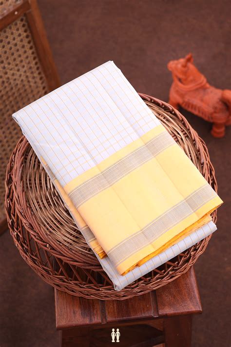 Kanchipuram Silk Saree In Light Grey With Checks Design