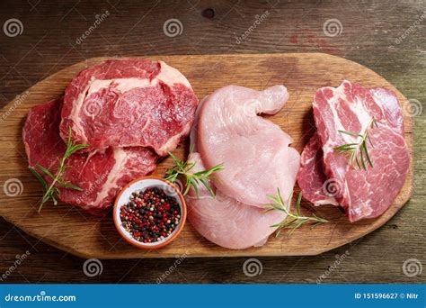 Various Types of Fresh Meat Steaks: Beef, Pork and Turkey, Top View ...