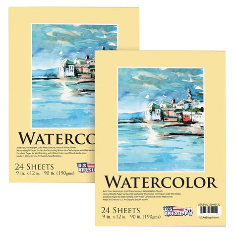 "U.S. Art Supply 9""x12"" Heavyweight Watercolor Paper Pad, 2 Pack, 24 ...