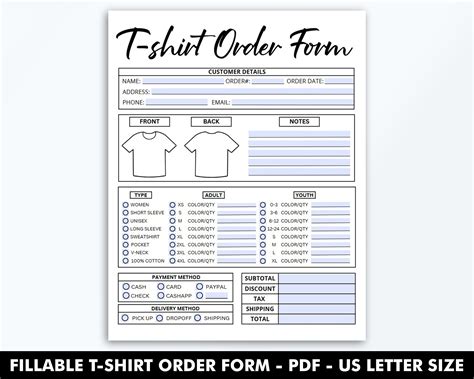 Fillable T-shirt Order Form Template, Editable Shirt Order Form, PDF ...