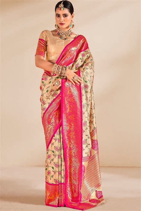Buy Wheat Cream and Pink Zari Woven Banarasi Saree Online - MySilkLove
