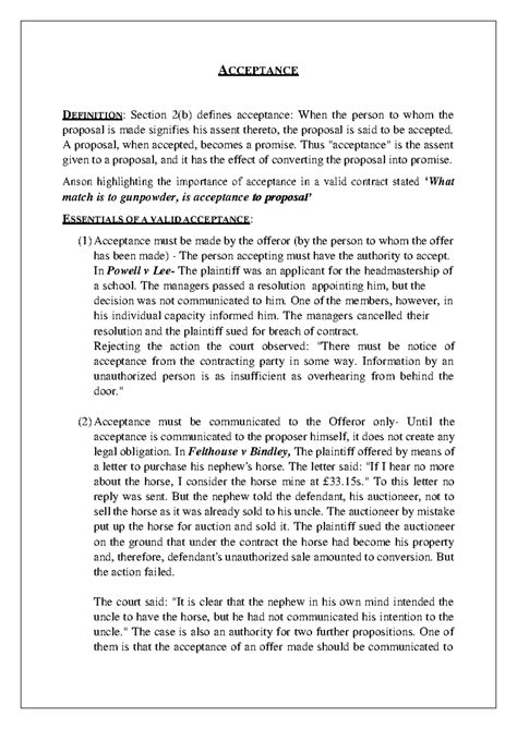 Acceptance - contract law 1 - ACCEPTANCE DEFINITION: Section 2(b ...
