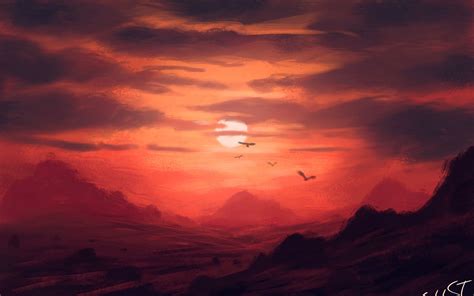 Download wallpaper 1920x1200 sunset, mountains, birds, sun, art ...