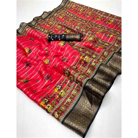 Regal Pink Weaving Dola Silk Saree Adorned With Artistic Elephant & Fl
