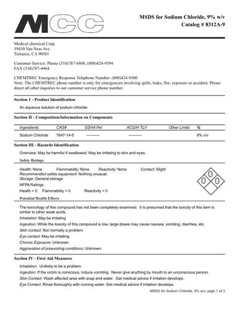 MSDS for Sodium Chloride 9% w/v Catalog # 8312A-9