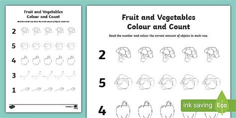 Fruit and Vegetable Themed Count and Colour Sheet - Twinkl