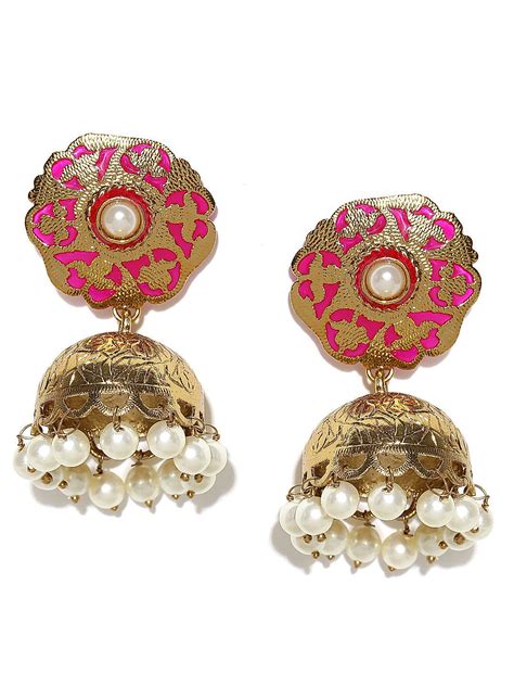 Gold-Toned Pink Textured Jhumka Earrings