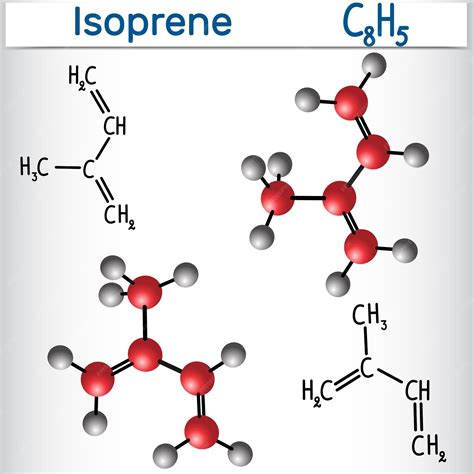 Formule chimique structurale et modèle de molécule d'isoprène Monomère ...