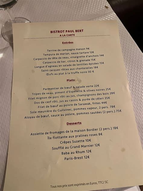 Menu at Bistrot Paul Bert restaurant, Paris