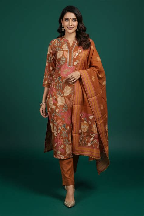Rust Mul Chanderi Salwar Suit with All-Over Floral Print and Fine Hand
