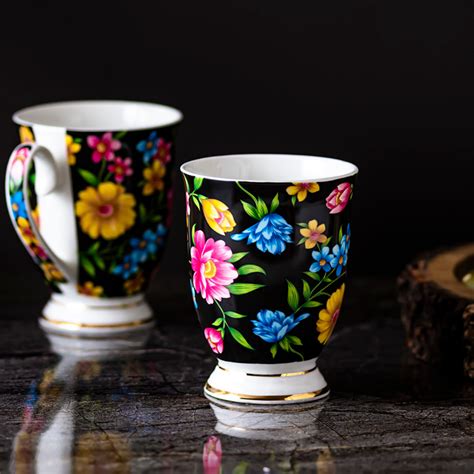 Floral splendor (Black) Coffee/Tea mugs - Set of 2 (300ml each ...