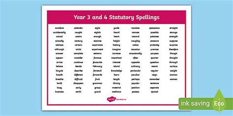 Statutory Spellings Years 3 and 4 | Spelling Test Words Mat