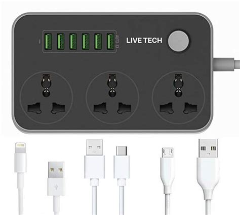 Live Tech PS06 with Free 3PC Charging Cables 6 USB 3 Universal Sockets ...