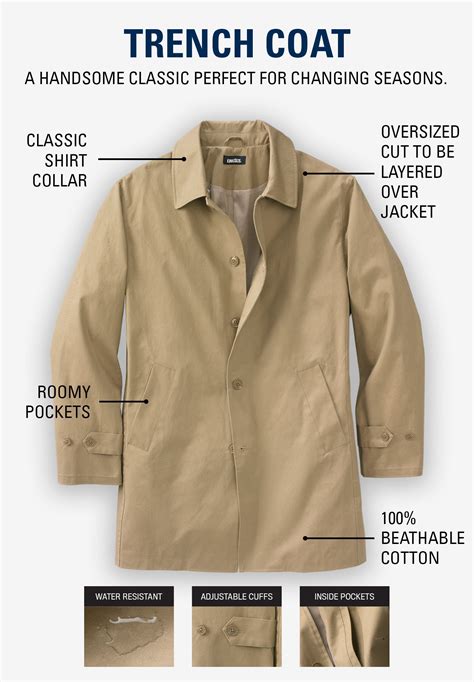 Water-Resistant Trench Coat for Big & Tall Men, Khaki | King Size