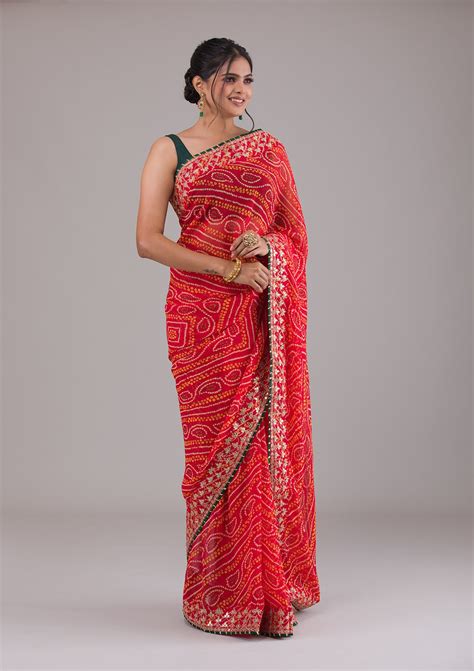 Buy Red Bandhani Georgette Saree - Koskii