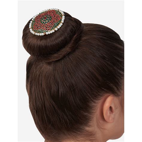 Buy Zaveri Pearls Green & Pink Flower Shape Traditional Kundan Bun Pin ...