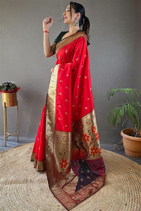 Classic Red Paithani Silk Saree With Bewitching Blouse Piece ...