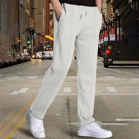Dolkfu Knitted Men Pants Casual Drawstring Straight Fit Solid Waffle ...