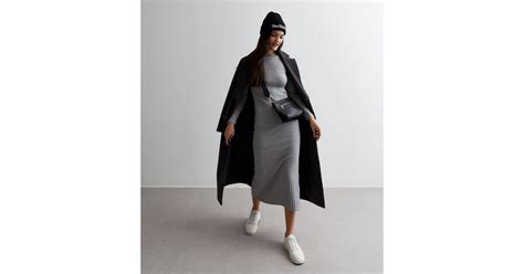 Dark Grey Ribbed High Neck Midi Dress | New Look