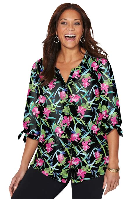Catherines Women's Plus Size Georgette Buttonfront Tie Sleeve Cafe ...