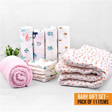 Baby Muslin Essentials Gift Set of 11 Items- Mix Designs – Moms Home