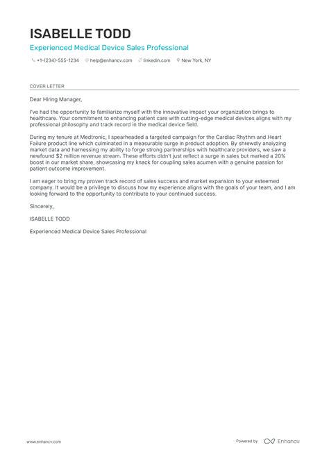 Professional Medical Device Sales Cover Letter Examples and Template for 2026 | Enhancv