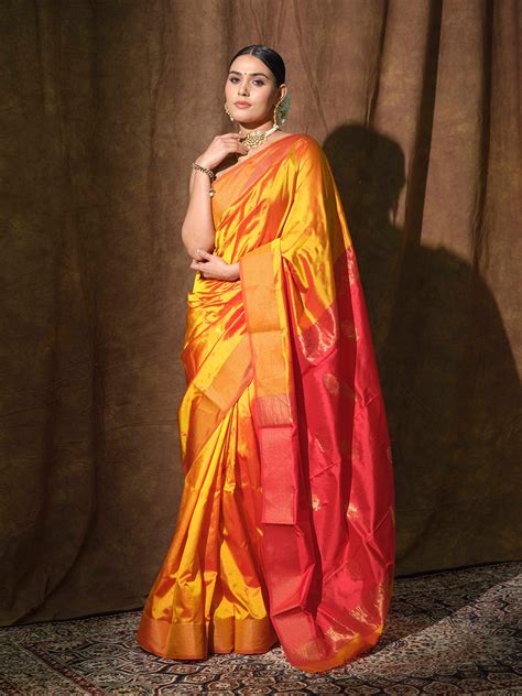Mustard Red Maheshwari Silk Saree – Mrida