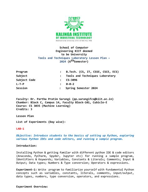 T and T Lab Lesson Plan - School of Computer Engineering KIIT deemed to ...