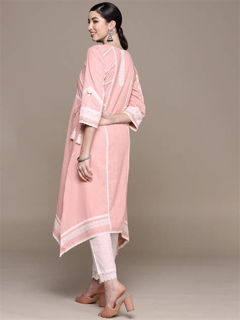 Buy Ishin Women's Cotton Pink Embroidered A-Line Asymmetric Kurta