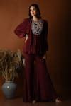 Buy Maroon Crepe Embroidery, Sequins, Beads Round Floral Peplum Top ...