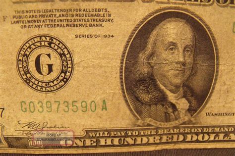 1934 $100 Dollar Bill Federal Reserve Note One Hundred Dollars Bank Of ...