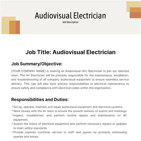 Free Audiovisual Electrician Job Description Template to Edit Online