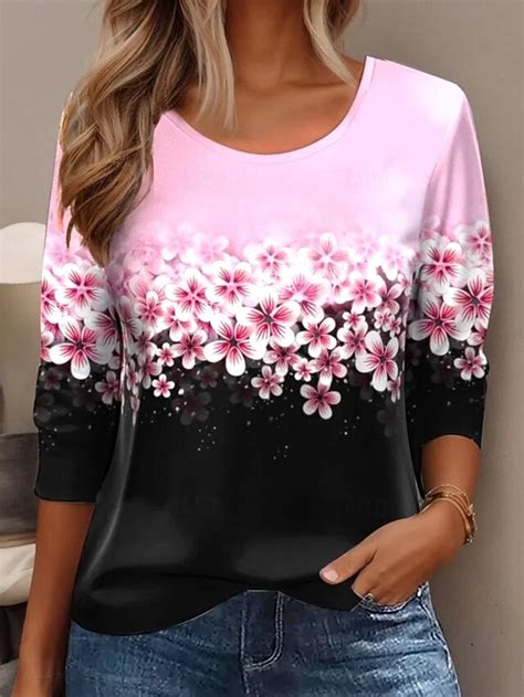 Camiseta de mujer con cuello redondo manga larga túnica floral elegante ...