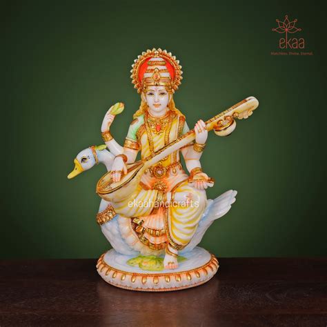 8" Goddess Saraswati Idol Playing Veena with Swan – Ekaa Handicrafts