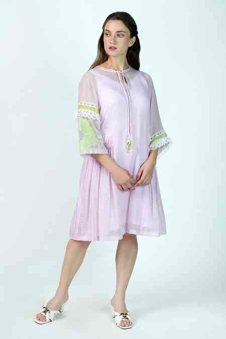 Buy Pink Kota Doria Lace Keyhole Neck Sweet Rose Lined Tunic For Women ...