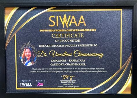 Dr. Vinodhini Chinnaswamy Honoured with South Indian Women Achievers ...