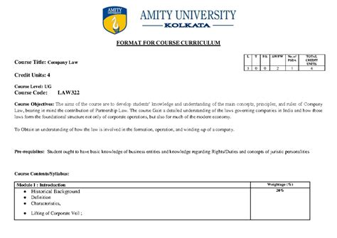 Company law syllabus - abc - FORMAT FOR COURSE CURRICULUM Course Title ...