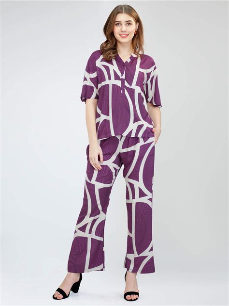 ZEYO Women's Rayon Purple Printed Night Suit Set of Top & Pyjama