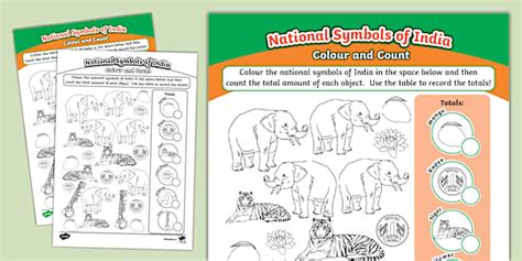 National Symbols of India Colour and Count Worksheet
